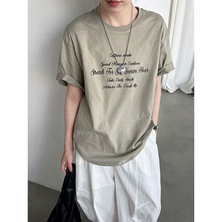 鹿西简约风字母印花T恤女夏季宽松显瘦圆领百搭休闲短袖上衣21056