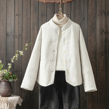外贸跨境2025秋冬棉麻夹棉外套棉服加厚文艺范防风高领大码女装潮