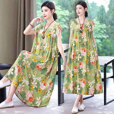 棉绸妈妈夏装连衣裙中老年大码女装200斤宽松人造棉无袖新款裙子