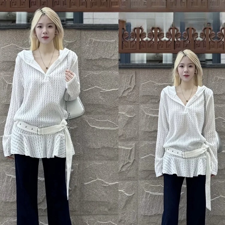 White Hooded Mid-Length Cut Out Lace Shirt for Women 2025 New Autum Pure Lust Style Unique and Beautiful Top