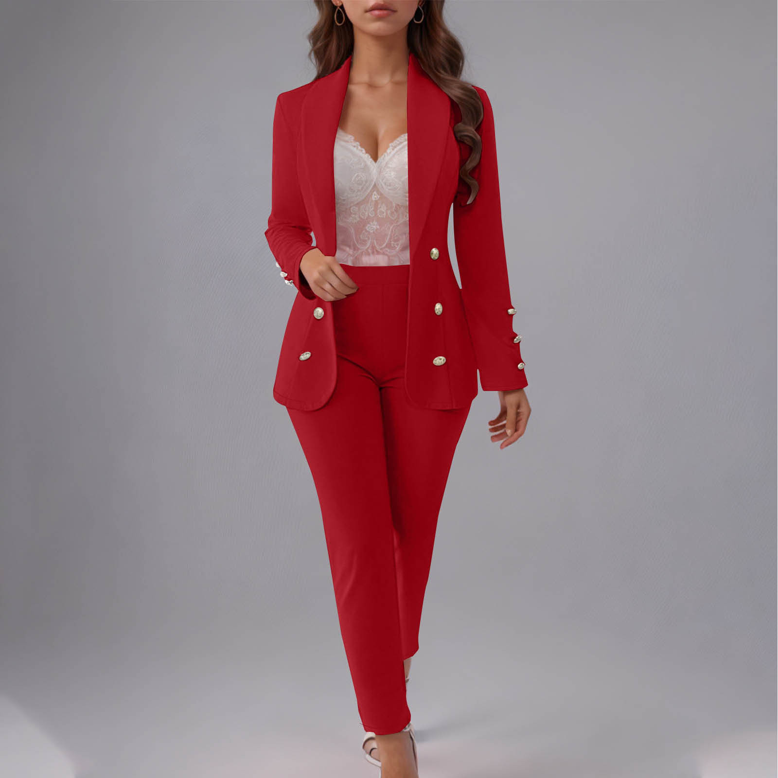 Women's Button-Up Blazer Set – Slim Fit Notch Lapel Suit Jacket & Pants (S-3XL, Poly-Spandex, Wrinkle-Free Office Wear)​_ecoleips.com