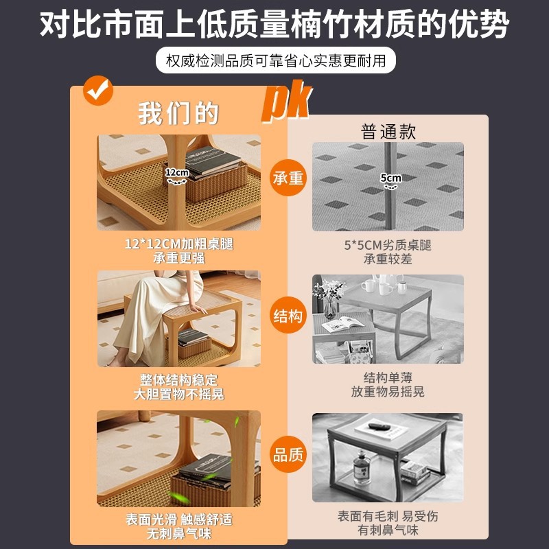 Mesa de centro de vidrio de madera, sala de estar, mesa de té de apartamento pequeño para el hogar 2025 nueva mesa lateral de combinación cuadrada, mesa de té pequeña de ratán