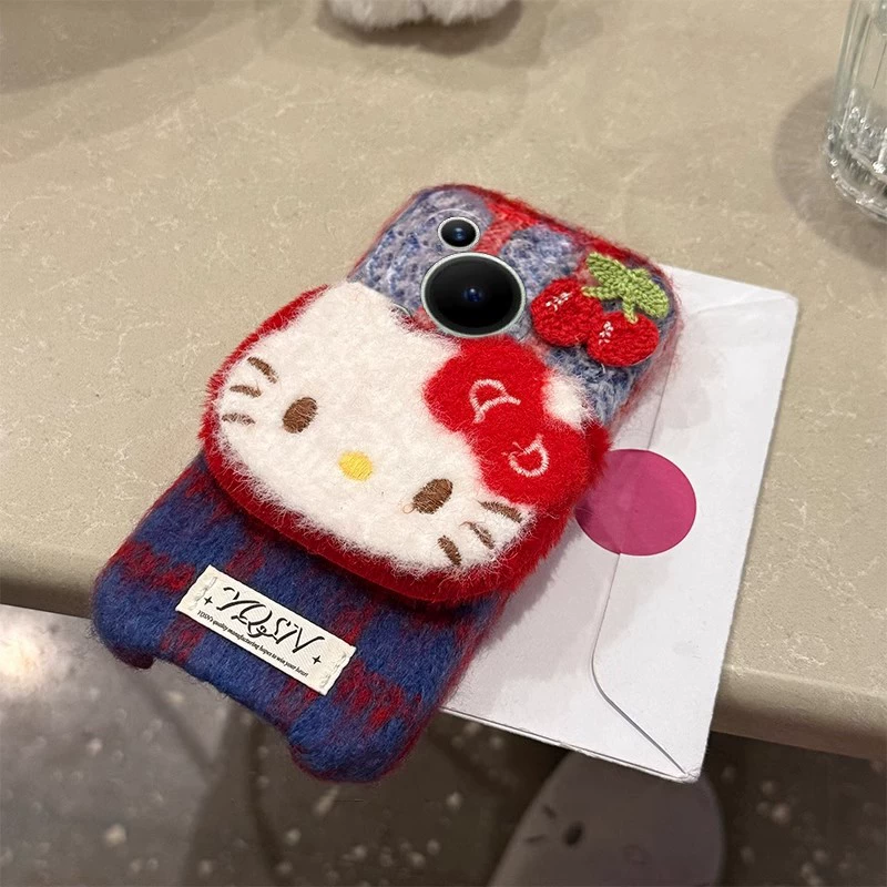 Чери Кити котёнок подходит для чехла Huawei pura70pro с рождественскими и новогодними элементами плюшевый зимний чехол для мобильного телефона