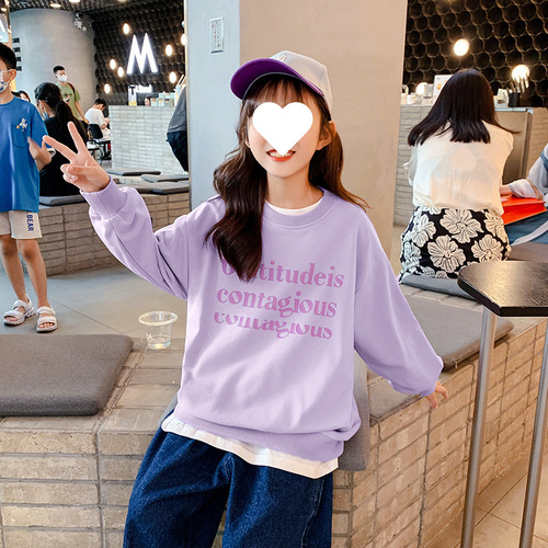 Children's crew neck thin long sleeve hoodie early autumn stylish letter print for middle-aged children Korean version top trendy