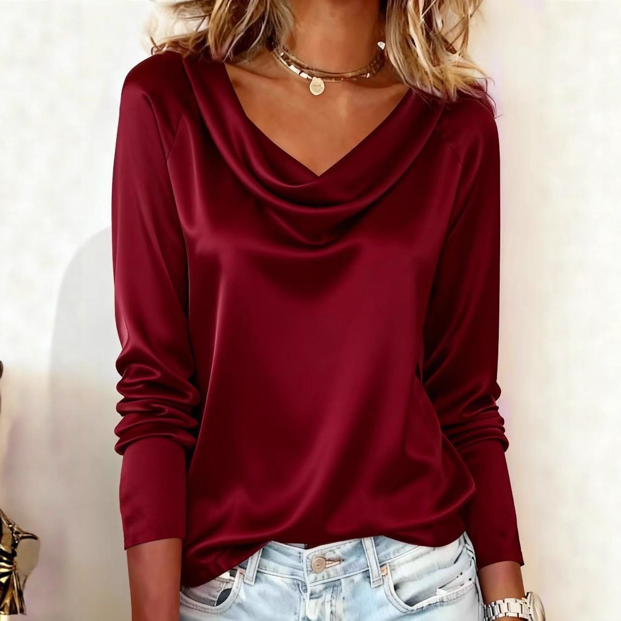Women's Draped Neck Blouse - Oversized Long Sleeve Shirt For Work & Casual (S-XXL, 5 Colors)_voghion.com