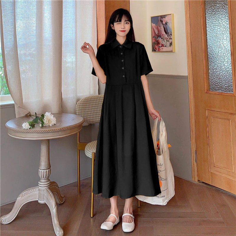 150kg Plus Size Dress for Women, New Summer Style, Slimming Waist-Cinching A-Line Long Dress, French-Style Lapel Little Black Dress for Plus-Size Women