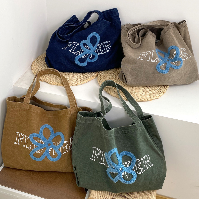 Retro Niche Denim Tote Bag, Washed and Non-Fading, Korean Style Embroidered Flower Shoulder Bag, Spring and Summer Versatile Commuter Bag Retro Niche Denim Tote Bag, Washed and Non-Fading, Korean Style Embroidered Flower Shoulder Bag, Spring and Summer Versatile Commuter Bag