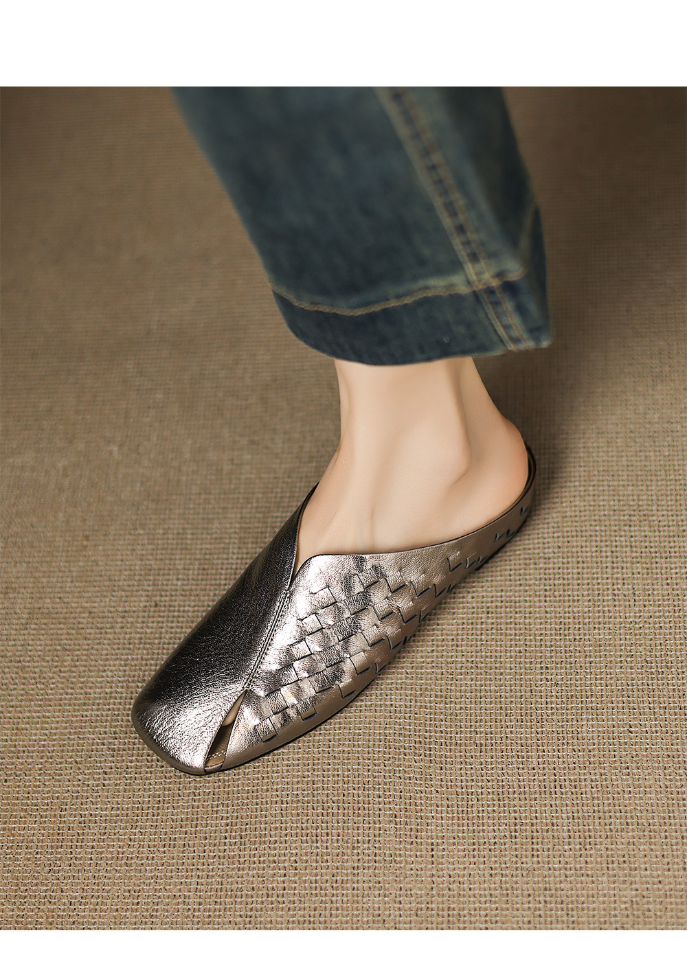 Dép sandal nữ da dê mũi kín đế xuồng bệt dệt — đen chi tiết 6