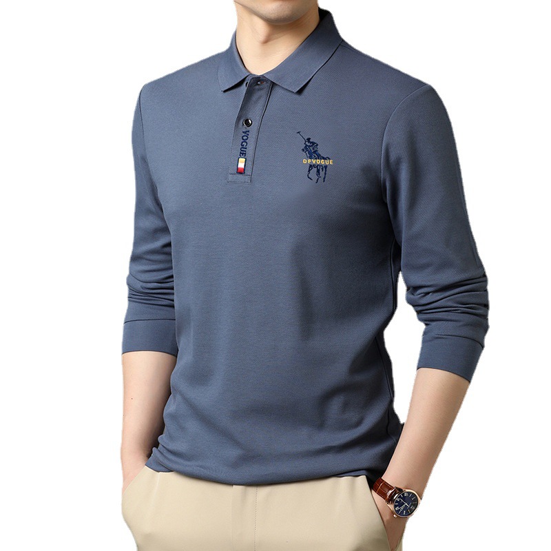 Camiseta de manga larga de los hombres camisa de polo de solapa de color sólido 2023 primavera y otoño bordado de negocios superior camisa de fondo camiseta de los hombres