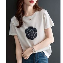 AB面印花T恤女夏季款白色减龄气质显瘦上衣速干百搭圆领拼接短袖