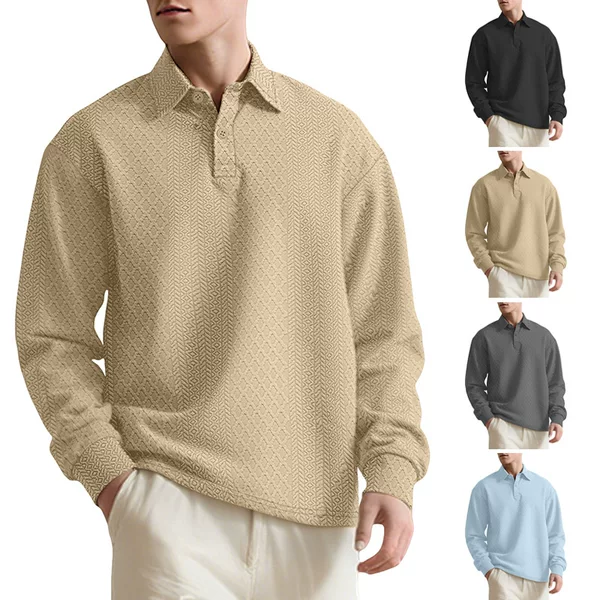 Cross-Border European and American Men's Textured Jacquard Solid Color Amazon Button New Style Polo Shirt with a Turn-Down Collar, Long-Sleeve Loose Sweatshirt for Men