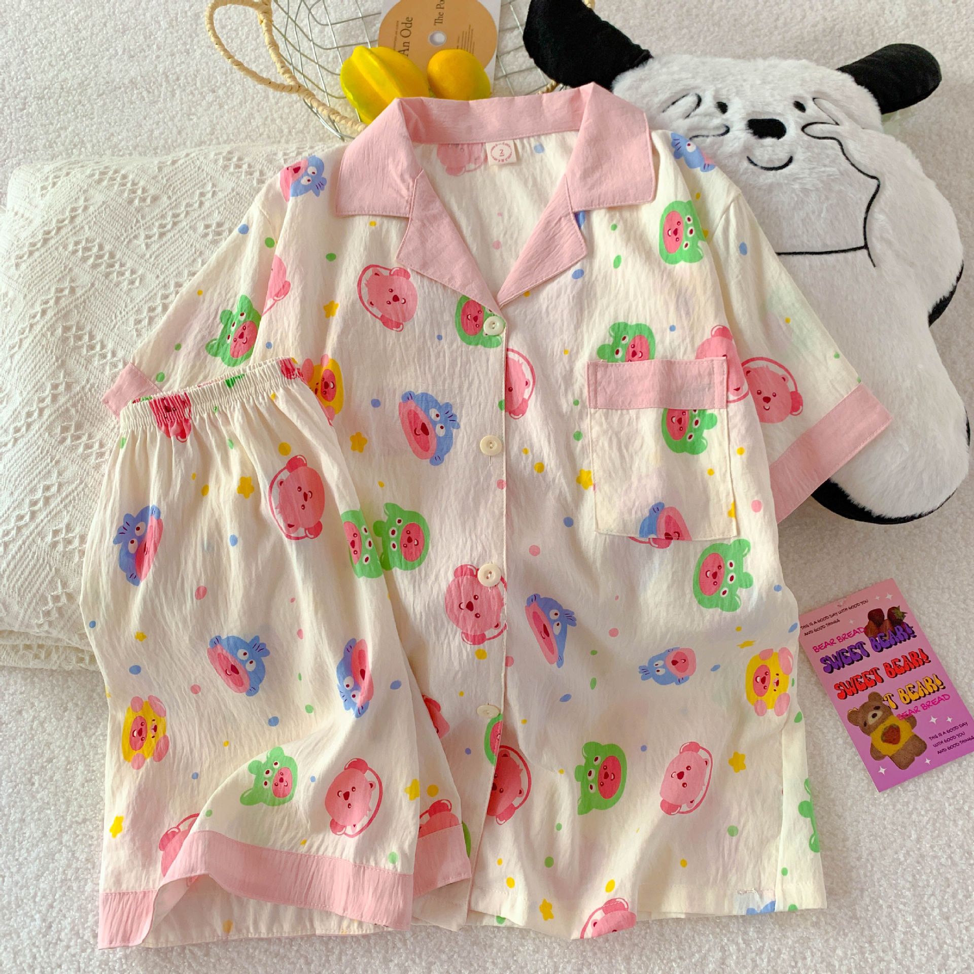 Pequeño libro rojo recomienda verano nuevo pijama de mujer nubes de algodón con solapa cardigan de manga corta pantalones cortos dulces dibujos animados ropa para el hogar