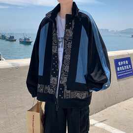 春秋季腰果花拼接外套男ins高街潮牌港风复古宽松日系百搭夹克衫