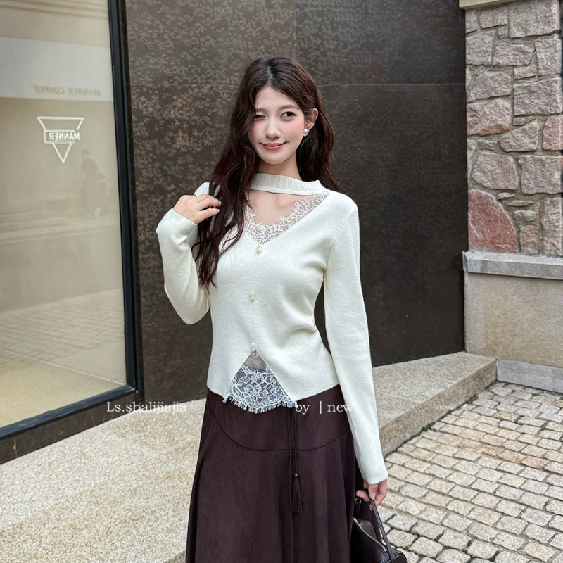 LS述致 花边拼接设计针织小衫上衣女2025秋新款内搭毛衣女装6909#|undefined