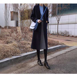 高级感藏蓝色女双面羊绒中长款大衣气质显瘦纯羊毛毛呢长袖外套装