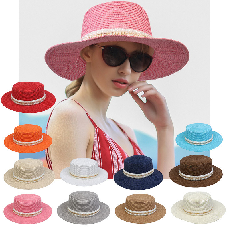 2022 New Women's Sun Hat Korean Style Spring and Summer Casual Pearl Rhinestone Straw Hat for Travel Sun Protection Holiday Sunshade Hat