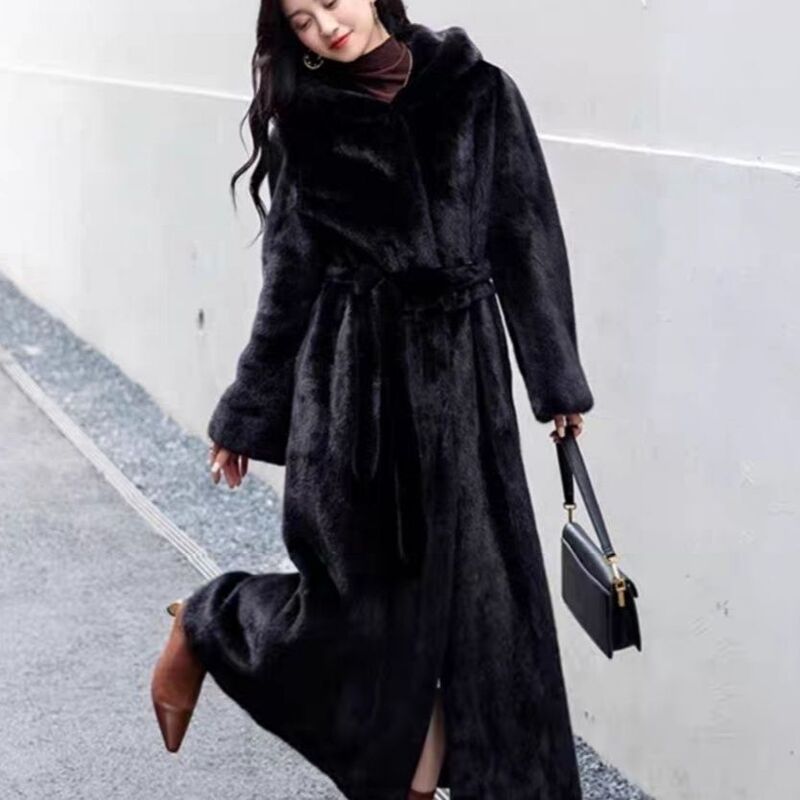Winter New Eco-friendly Fur Coat Women's Long Knee-length Loose Hooded Belt High-end Sense Imitation Mink Coat