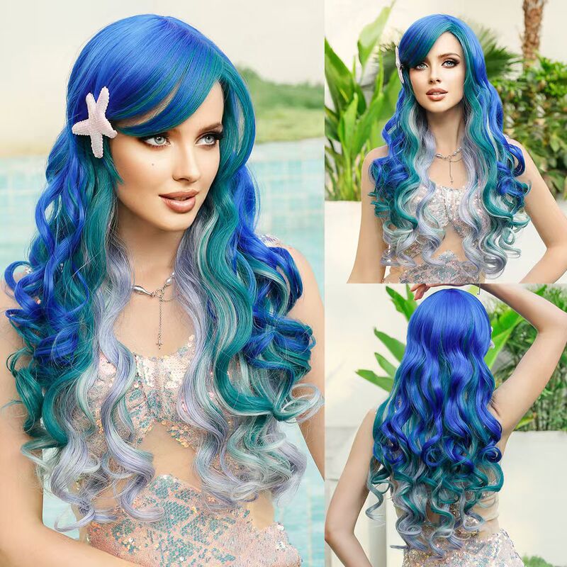 European and American Export Popular 80cm Multi-Colorful Cosplay Anime Wig Harajuku Style Colorfulful Women's Long Curly Hair Full Headgear