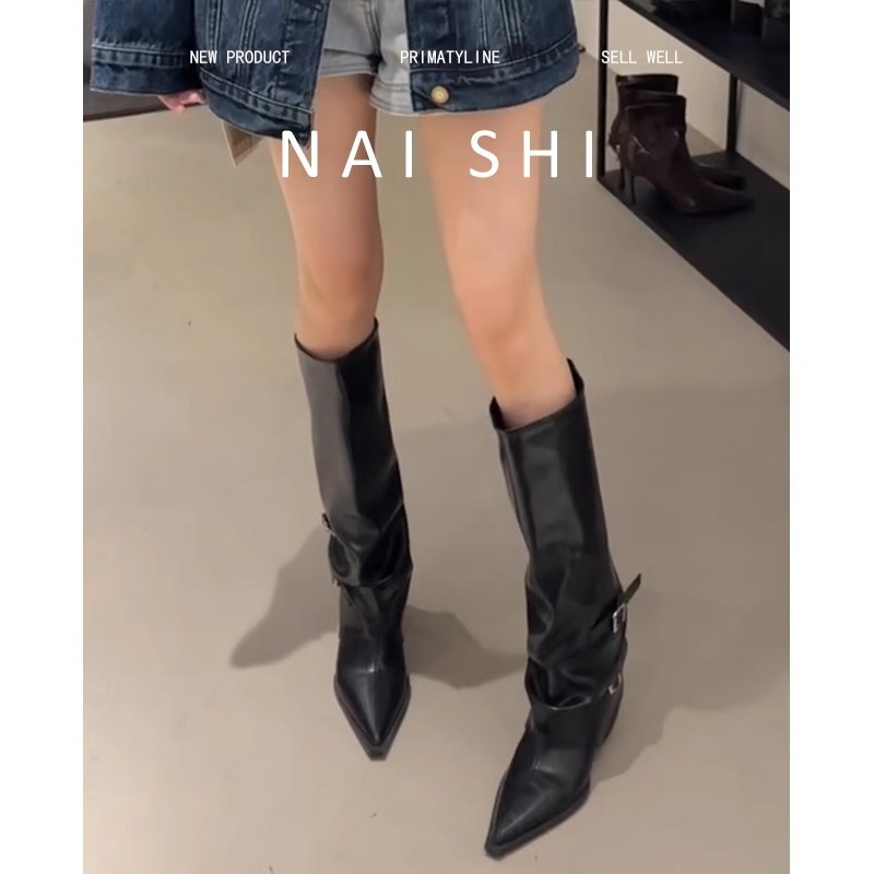 羊皮版！尖头粗跟裤管靴女设计感皮带扣高筒骑士靴不过膝牛仔长靴|undefined