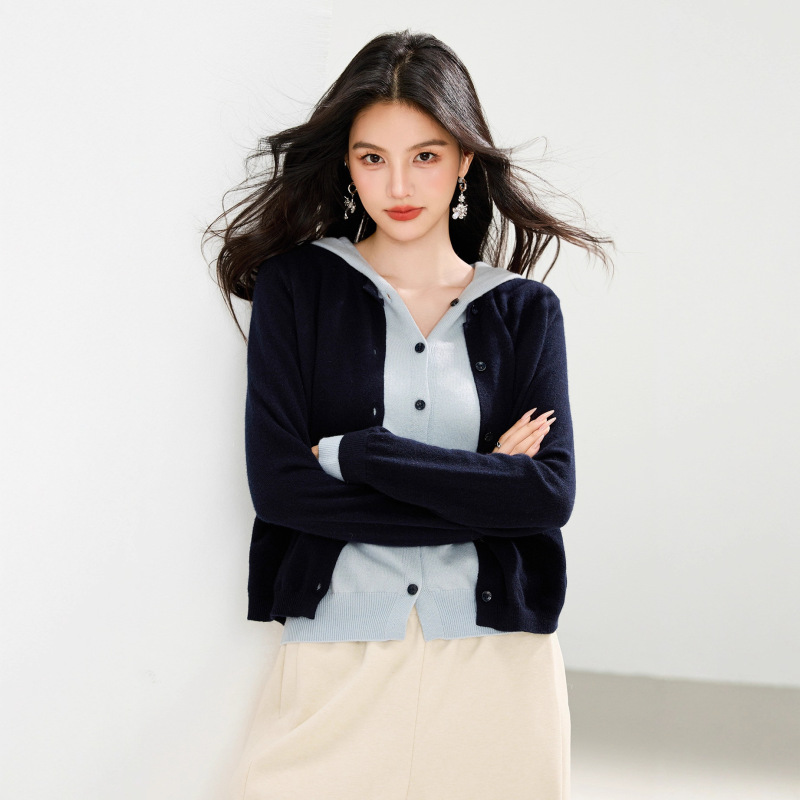 高级感撞色假两件连帽针织开衫女短外套毛衣2025新款百搭减龄上衣|undefined