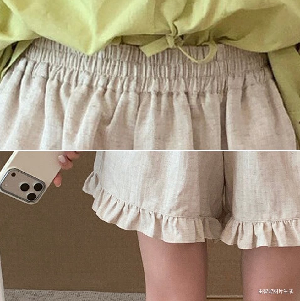 Quần short nữ cạp chun ống rộng chất liệu linen phối viền ren — màu sắc, xanh lam, Màu cà phê, màu hồng chi tiết 9