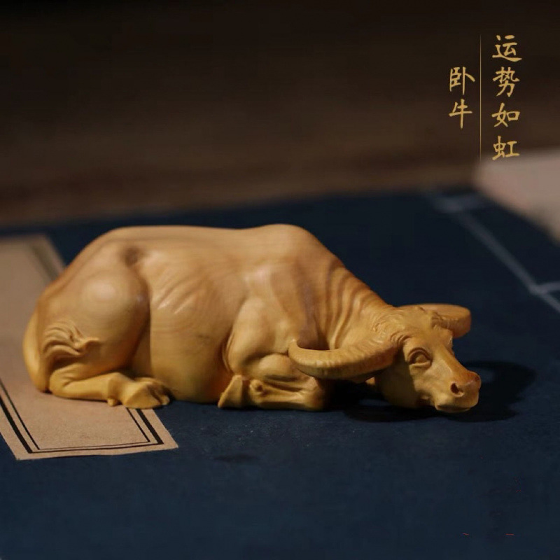 崖柏木雕手把件生肖牛动物木雕刻招财牛中式家居装饰品工艺品摆件