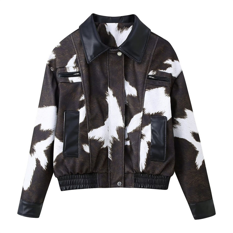 Autumn New Women's Casual Slim European and American Cross-Border Fashion Cow Pattern Printed Leather Short Jacket