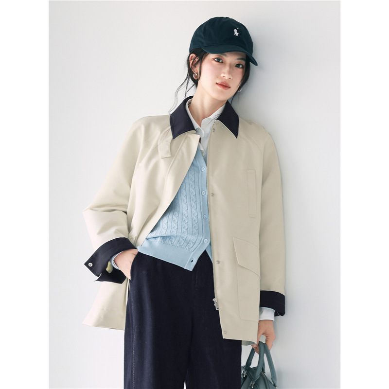 伊*丽简约撞色日系卡其设计感小个子短款风衣女外套2025春季新款|undefined