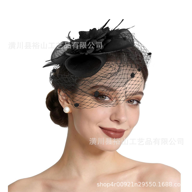 French-style bridal veil, feather and flower hairpin, net fabric horse racing club hairpin, horse racing festival banquet dress accessory, head flower