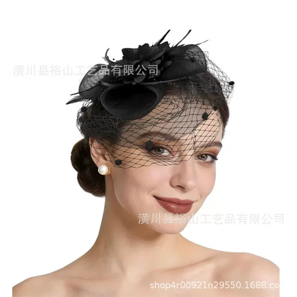 French-style bridal veil, feather and flower hairpin, net fabric horse racing club hairpin, horse racing festival banquet dress accessory, head flower