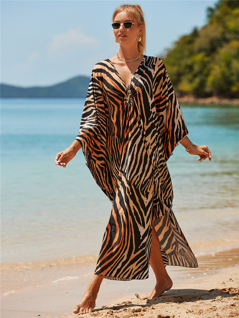 224g Weight Sunscreen Shirt Outerwear Type 3/4 Length Sleeve Sleeve Length Polyester Fabric Type Long Top Length V Neck Neckline Printing, Leopard Pattern Spring&Summer Season Women's Gender Vacation, Beach Style Women's Printing Leopard Vacation Beach Cover Ups 68