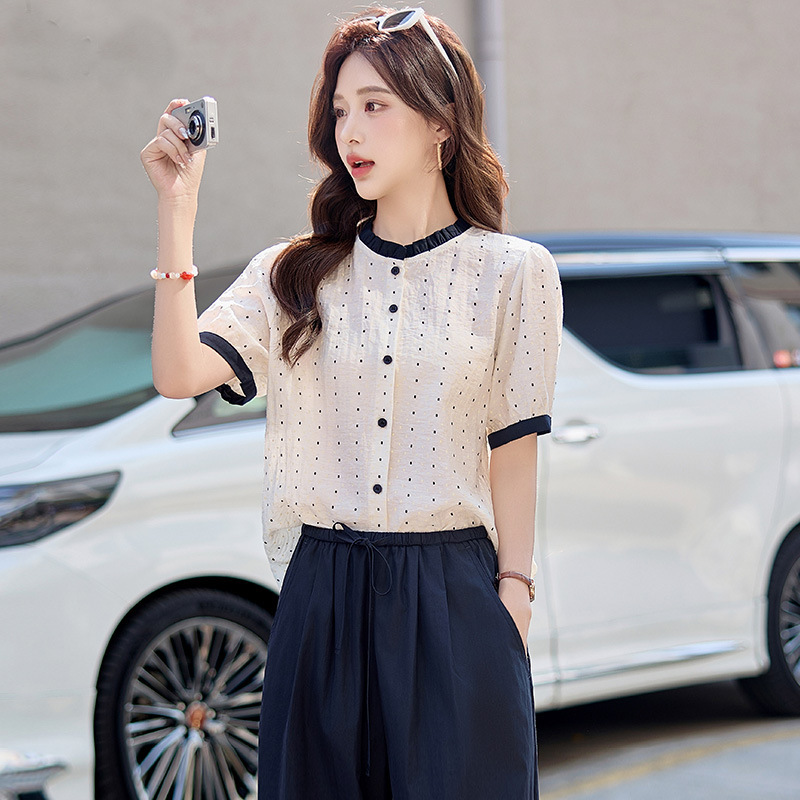 French Retro Polka Dot Short-Sleeved Shirt for Women Summer 2025 New Lightweight Round Neck Top Commuter Shirt