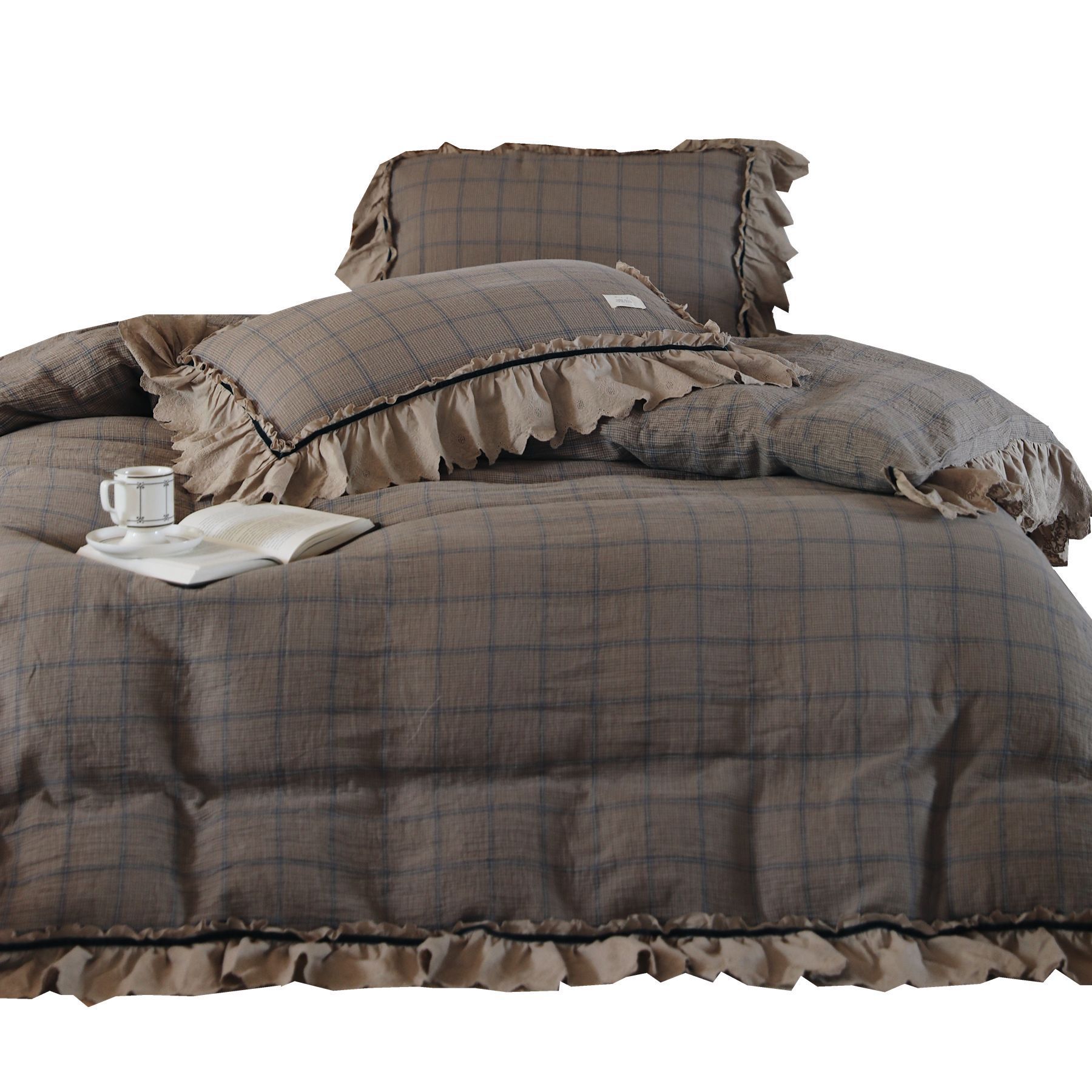 Set di quattro pezzi in stile nordico francese vintage boho francese retrò pastorale interamente in cotone lavato crêpe nuvola tinto in filo filato a doppio strato con foglia di loto_voghion.com