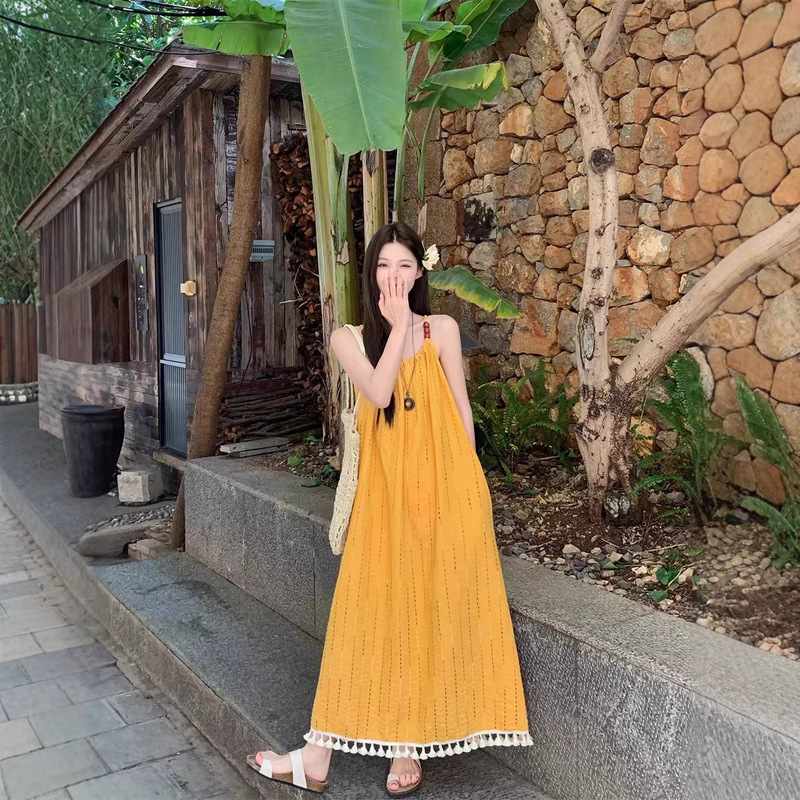 Bohemian Yellow Spaghetti Strap Women's Dress for Summer Travel in Dali, Yunnan, Seaside Vacation Dopamine Beach Long Dress