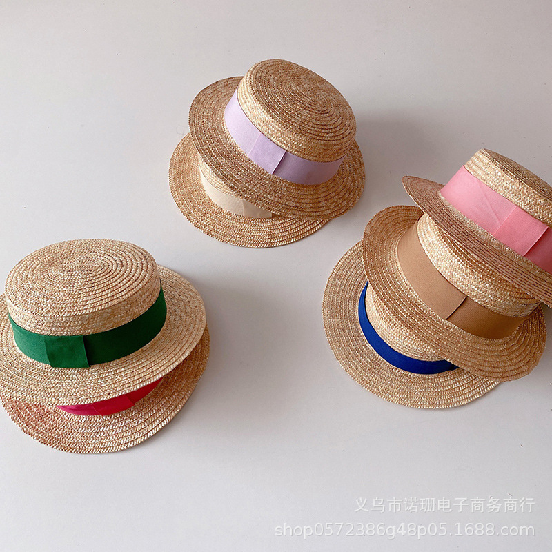 Sombrero de paja de trigo plano para niños, estilo coreano, para playa, ala ancha, protección solar, moda