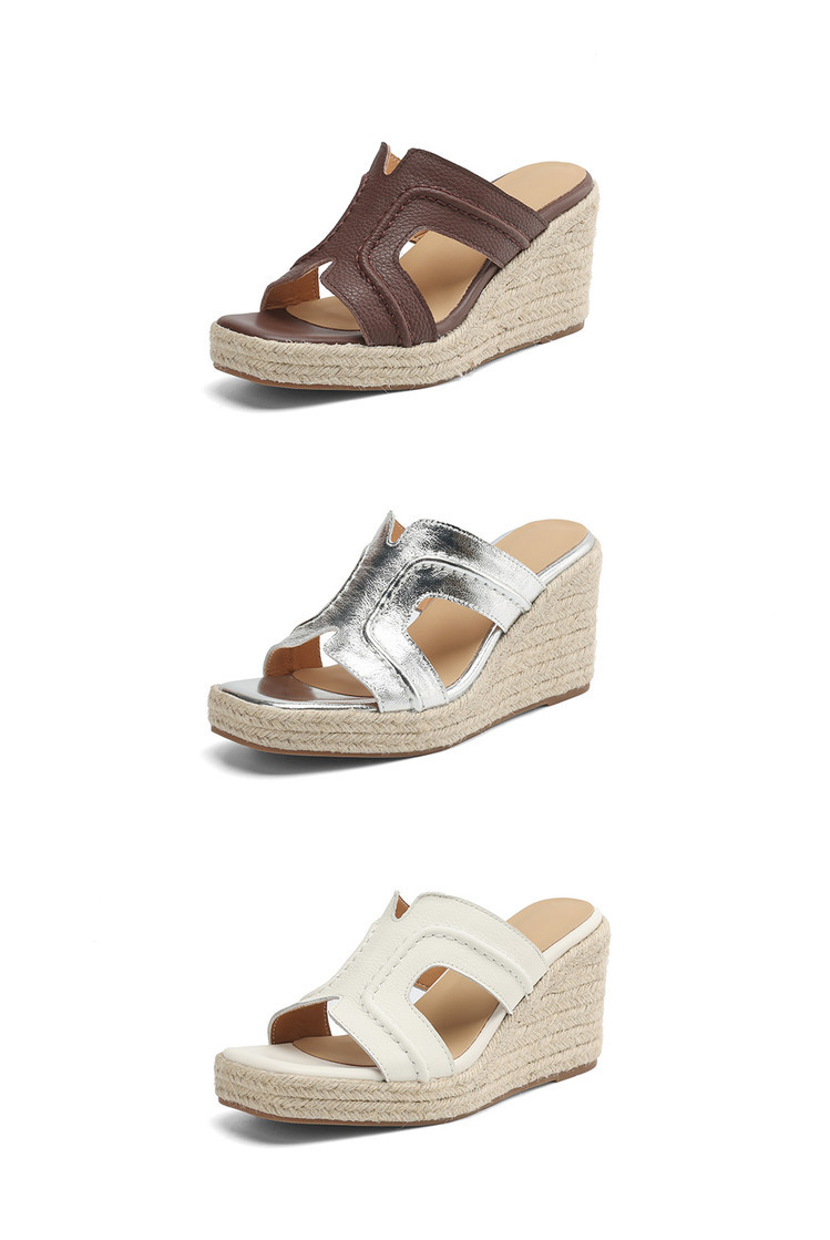 Dép sandal nữ quai chữ V đế cói tăng chiều cao mũi vuông — nâu, màu be, bạc chi tiết 10