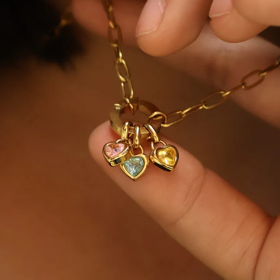 Artificial Crystal Inlay Material 1 Piece Titanium Steel Birthstone Heart Shape Pendant Chain