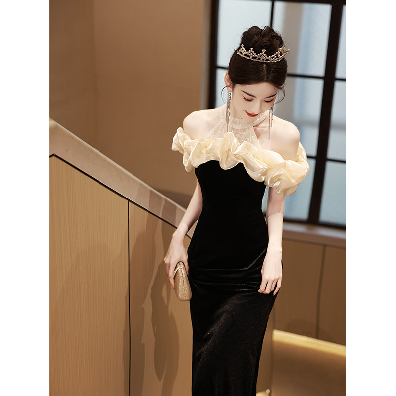 Banquet Elegant Evening Dress Female Celebrity Black Fishtail Dress French High-end Light Luxury Off-shoulder Host Senior