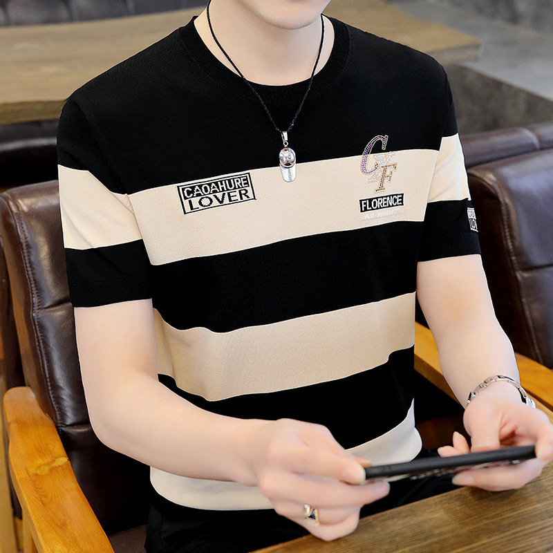 Trendy Brand Foreign Trade plus size Men's Ice Silk Striped Short-sleeved T-shirt for Boys Summer Casual Men's Slim-fit T-shirt Top