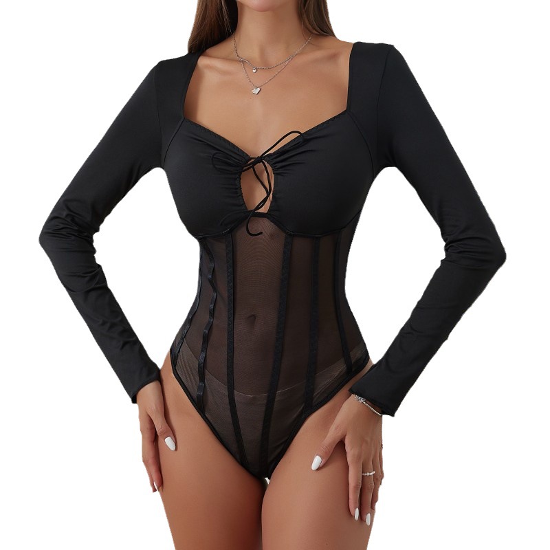 Colección Otoño 2024, Body de Encaje Transparente Ajustado de Manga Larga con Corsé con Aros, Estilo Europeo y Americano, Estilo Urbano Único