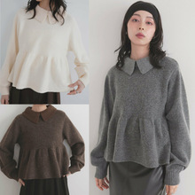 跨境外贸日单2025新款小个子荷叶边下摆软糯翻领针织衫日系乐天