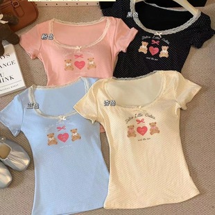 New Wave Dot Bear Cute Printed Lace Lace Sweet and Comfortable T-shirt Bow with Chest Pad Short Sleeve Women