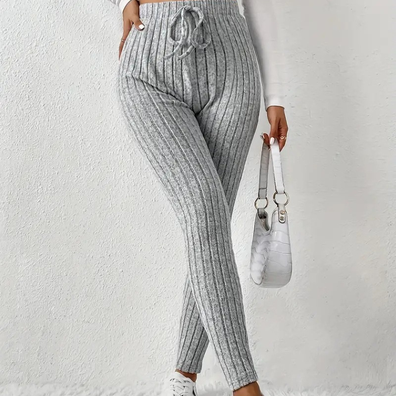 Women's Clothing Solid Color Ribbed Knitted Drawstring Tight Bottom Knitted Tight Trousers_voghion.com
