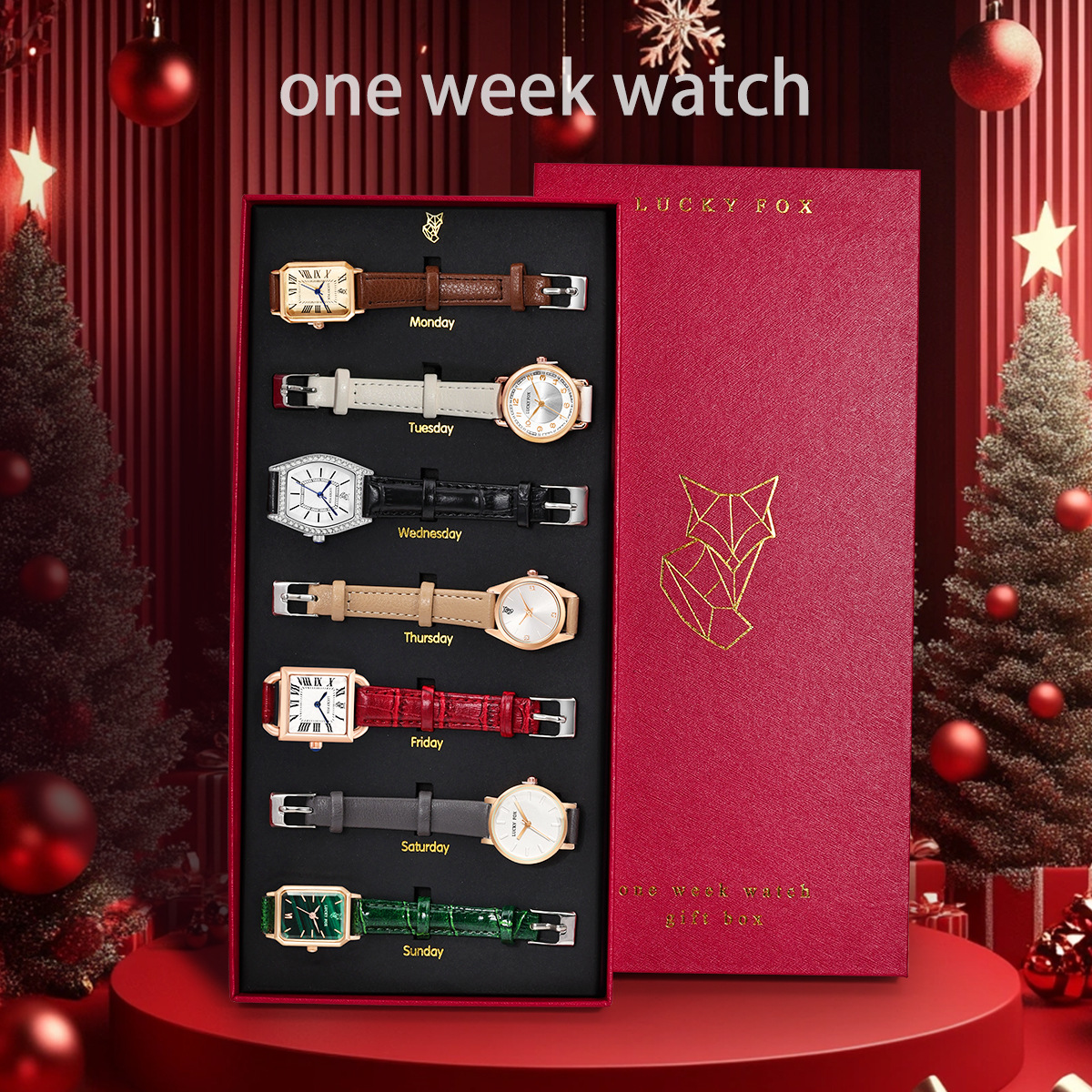 Luckyfox One-Week Watch Simple Casual Retro Quartz Leather Strap Women's Gift Box Set for Christmas Gifts