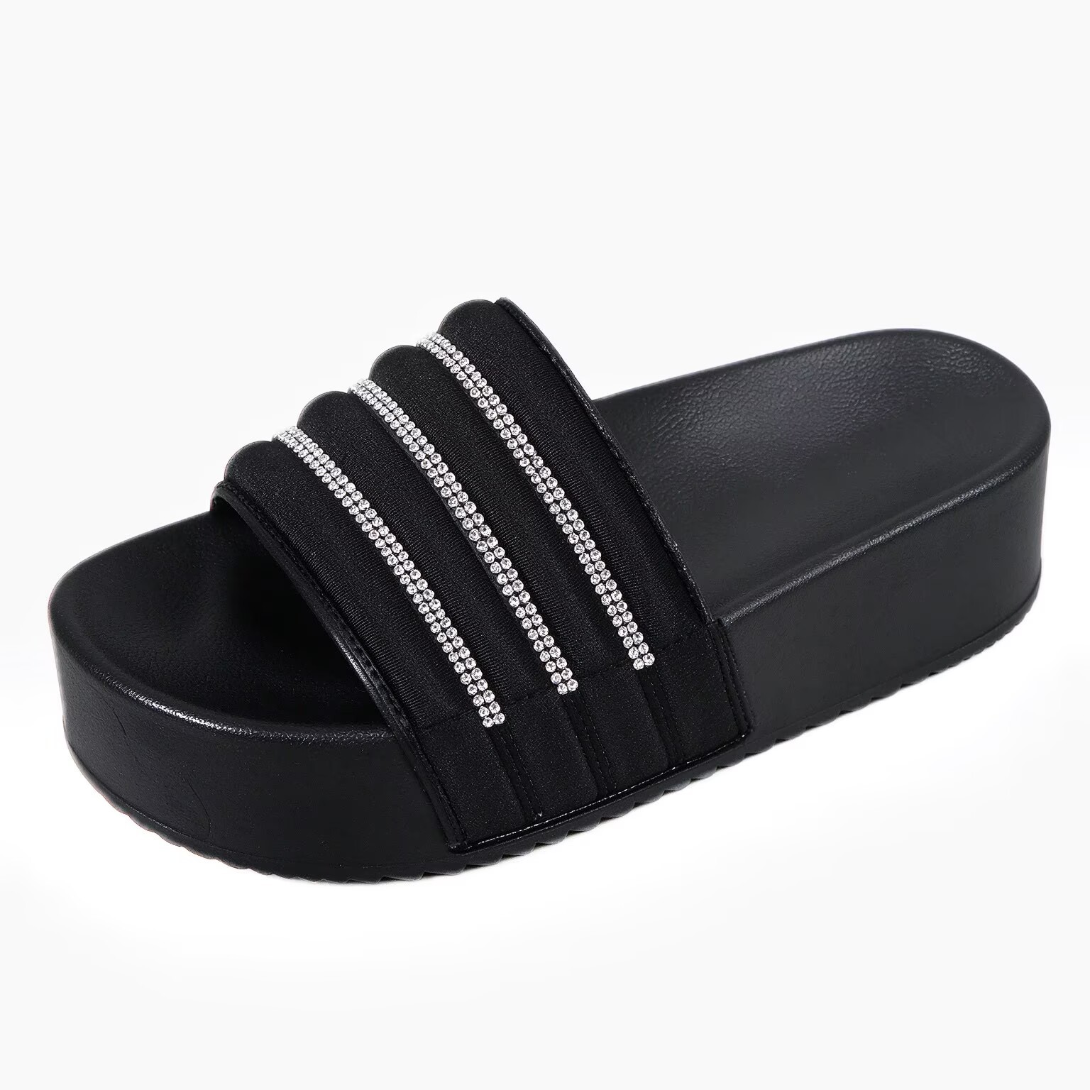 Sandalias Suecas de Cuña con Pedrería de Tela y PVC para Exteriores
