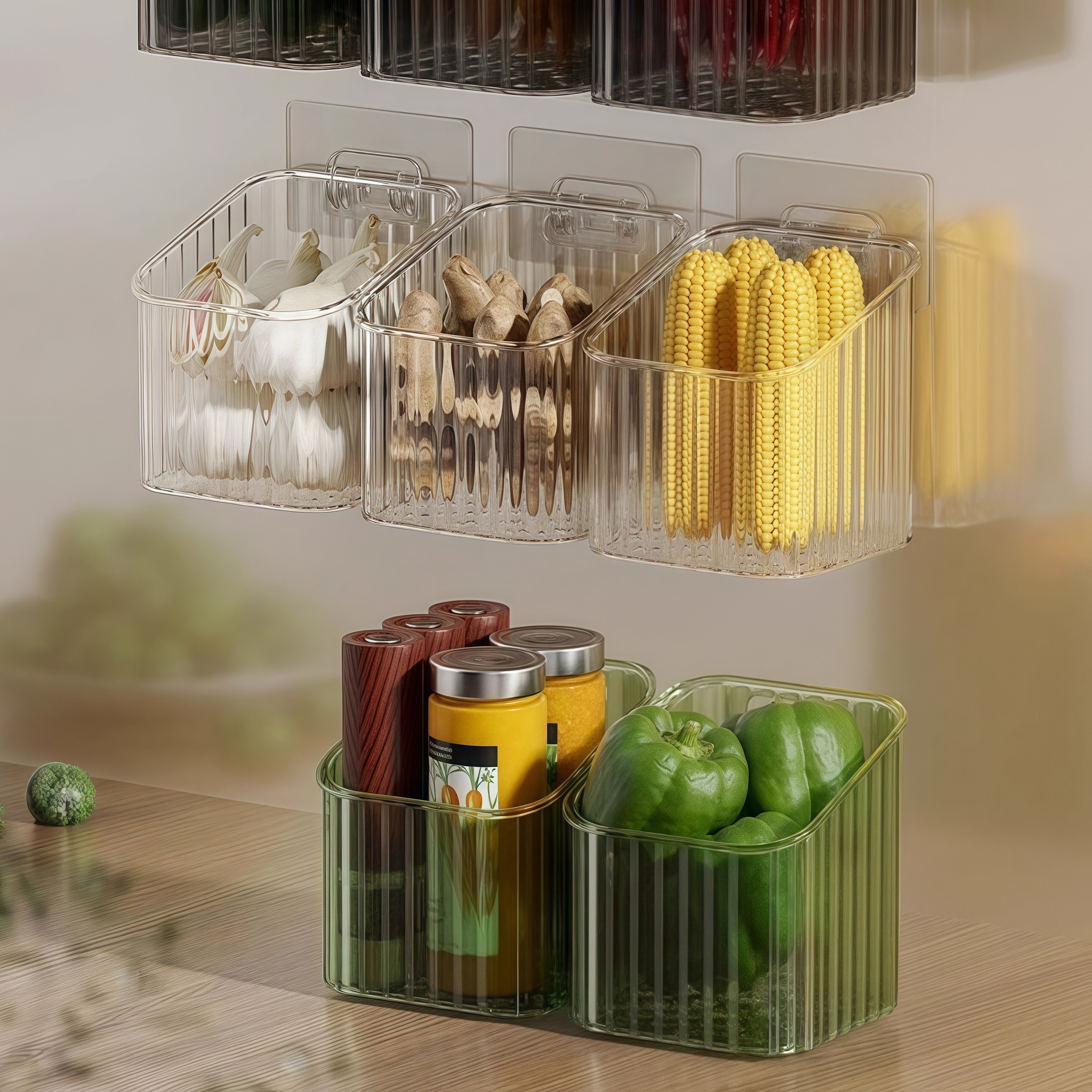 Caja de almacenamiento de cocina de jengibre de ajo colgada en la pared condimento de almacenamiento de energía multifuncional de almacenamiento de energía multicolor