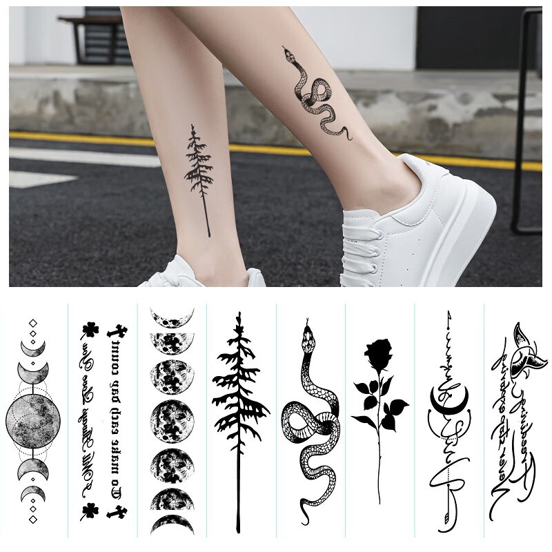 New Long Strip Small Pattern Moon Black Rose Snake English Arm Chest Leg Disposable Temporary Tattoo Sticker