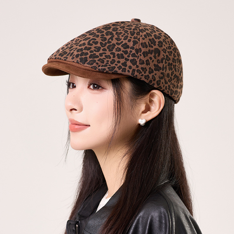 美式复古街头豹纹初秋前进帽女透气大头围显脸小时尚百搭贝雷帽子|undefined