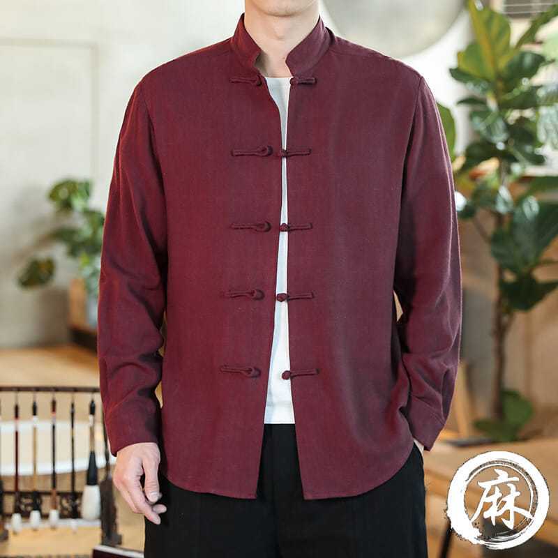 Chinese-style autumn linen button Tang suit shirt, retro casual plus size lay Buddhist robe, long-sleeved Chinese style men's tea dress