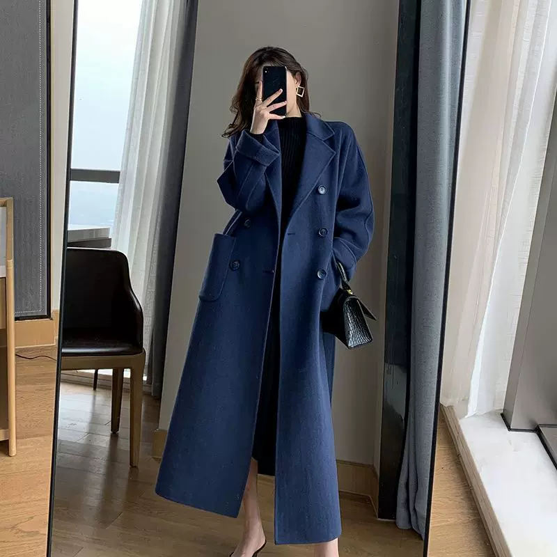 欧美跨境亚马逊毛呢外套女中长款胖MM显瘦宽松洋气过膝大码呢大衣